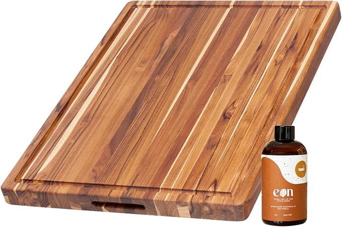 Teakhaus Carving Board and EON Cutting Board Oil Set - Large (L) Teak Wood Cutting Board with Juice Groovel & Food-Grade Mineral Oil - 20”L x 15”W x 1.5” Thick - FSC Certified by TEAKHAUS