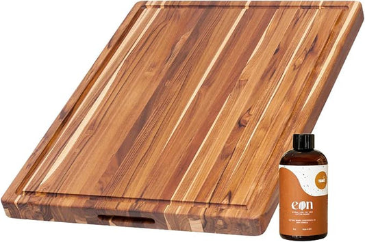 Teakhaus Carving Board and EON Cutting Board Oil Set - Large (L) Teak Wood Cutting Board with Juice Groovel & Food-Grade Mineral Oil - 20”L x 15”W x 1.5” Thick - FSC Certified by TEAKHAUS