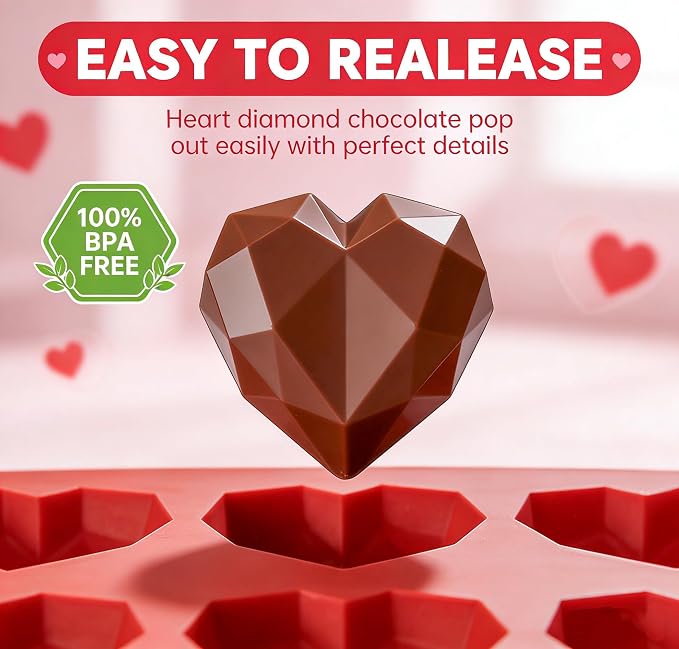 3D Diamond Heart Silicone Molds 2 Pack 12-Cavity Valentine Love Shape for Hot Cocoa Bombs, Chocolate, Cake, Soap, Jelly, Candy, Ice Cube DIY Baking & Party Gift Making - Image 3