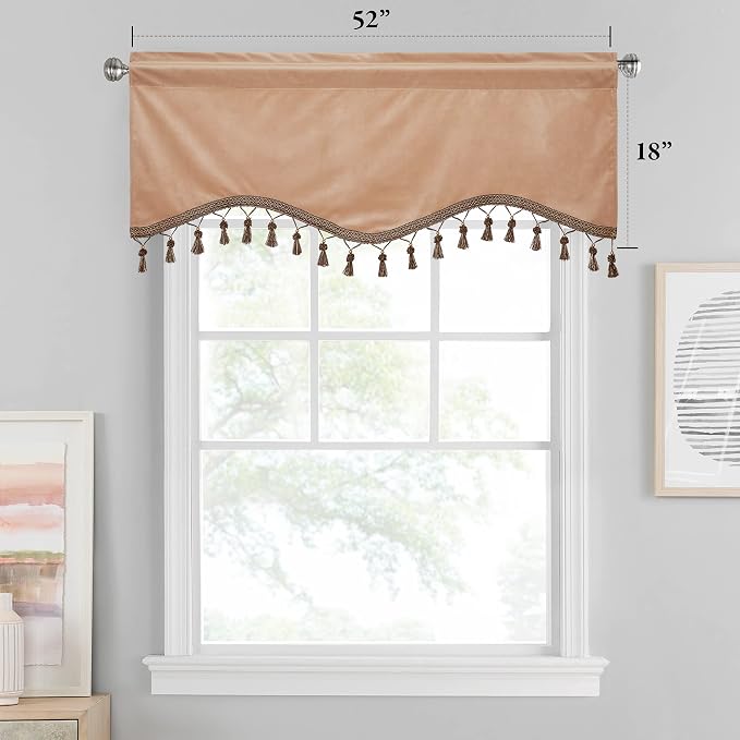 Blush Beige Tassel Velvet Valances Curtains 52x18 Inch 2 Panels | Valances Curtains for Kitchen, Nursery, Half Window Tassel Tier Curtains Room Darkening Home Decor for Living Room - Image 2