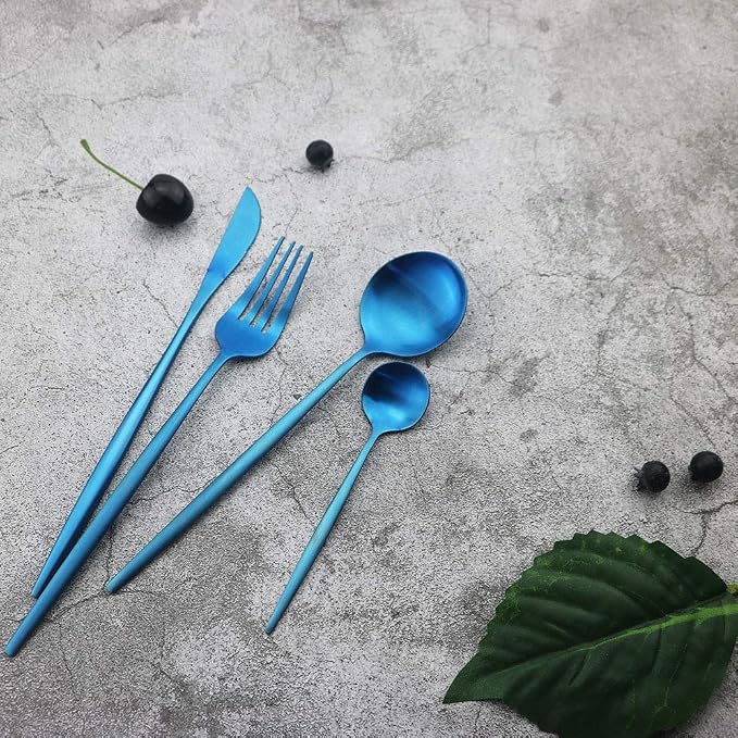 JASHII Silverware Set, 24-Piece Stainless Steel Flatware, Kitchen Utensil Set for 6, Tableware Cutlery - Matte Blue, Dishwasher Safe - Image 2