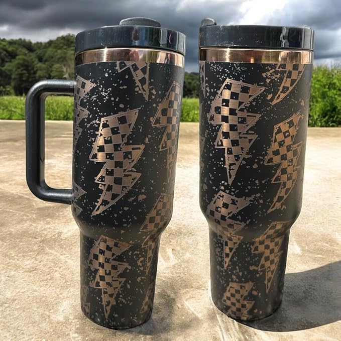 Tumbler, 40oz Tumbler, Western Tumbler, Engraved Cup with Handle, Cute Coffee Mug, 40oz Coffee Mug (Black/Rose gold- Lighting)