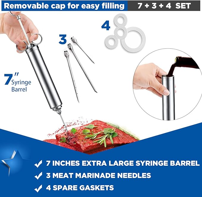 4 oz Stainless Steel Commercial Grade Meat Marinade Flavor Injector Kit 1/2 Cup Capacity Seasoning Injector with 3 Professional Marinade Needles