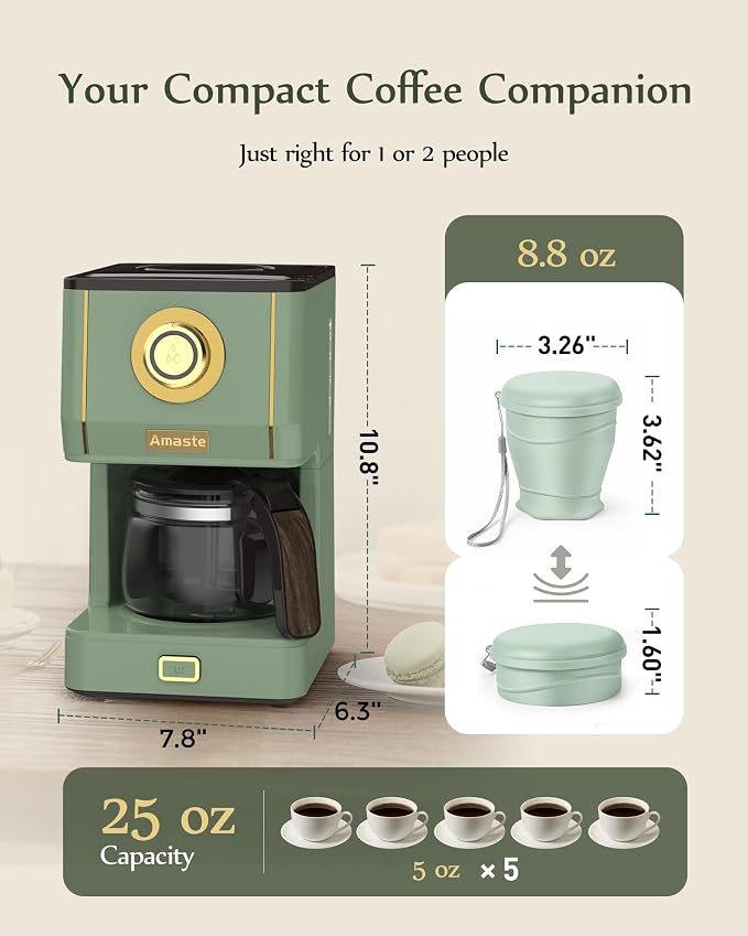Amaste Drip Coffee Maker, Coffee Machine with 25 Oz Glass Coffee Pot, Retro Style Coffee Maker with Reusable Filter & Three Brewing Modes, Collapsible Silicone Coffee Cup,Warming Plate, Matcha Green - Image 2