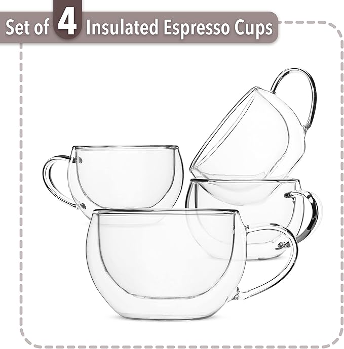 BTaT Insulated Espresso Cups, Glass Tea & Coffee Mugs, Set of 4 (6 oz, 180 ml), Double Wall, Latte & Espresso Glasses