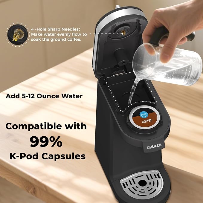 CHULUX Mini Single Serve Coffee Maker for K Pod, Brew Up to 12oz Cup, Black | Fast-Heating Boiler System, Single Cup Brewing, Portable Compact Design, Four-Hole Multi-Stream Needle, Adjustable Drip Tray - Image 3