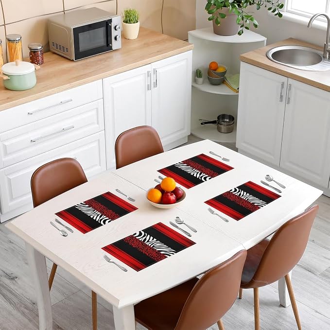 Feelyou Kids Leopard Zebra Placemats Set of 4 18"x12" Ombre Red Black Table Place Mats, Set for Decor Cheetah Placemat for Kitchen Dining Table Decor Indoor Outdoor Animal Print - Image 3