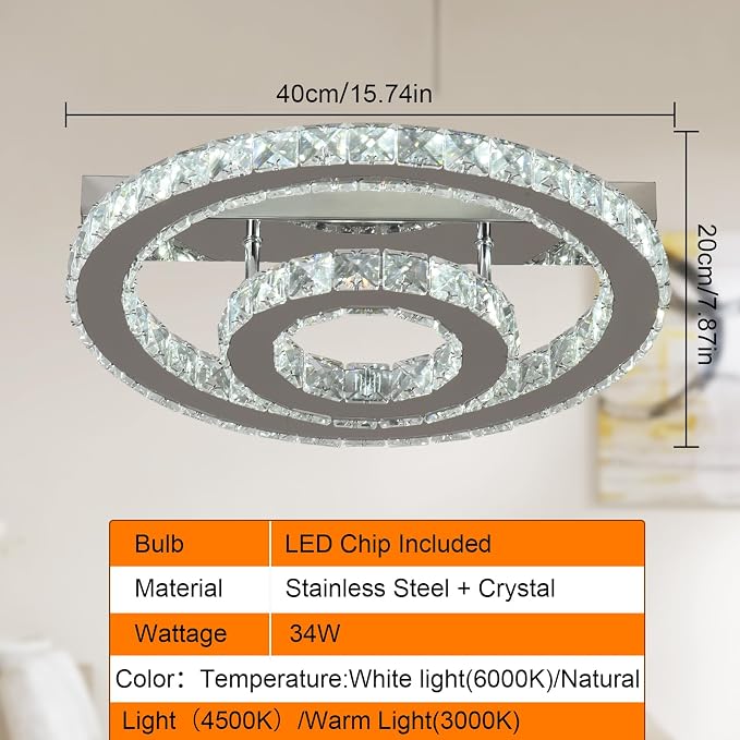 Crystal LED Ceiling Light Chandelier, Modern Semi Flush Mount Lighting Fixture Ceiling Lamp for Living Room, Dining Room, Bedroom, Kitchen Island, Entryway - Image 3