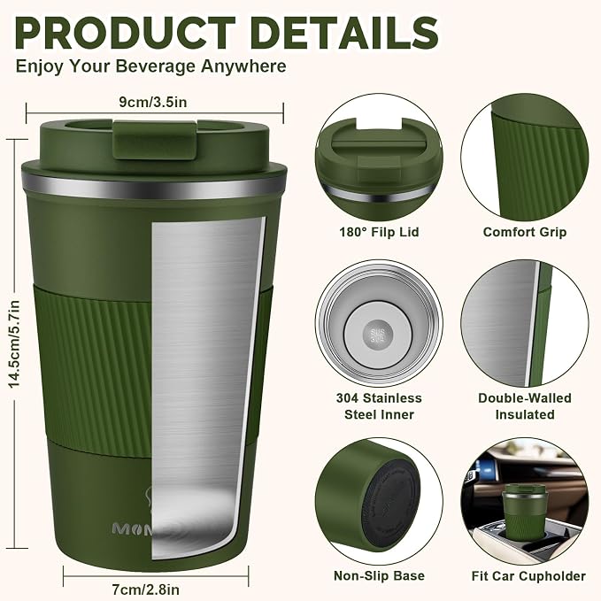 MOMSIV 12oz Travel Coffee Mug, Insulated Coffee Cup with Leak Proof Lid | 6-Hour Heat Retention, 360°Leak proof, Vacuum Stainless Steel Double Walled, BPA-free, Reusable And To Go Coffee Mug - Image 2
