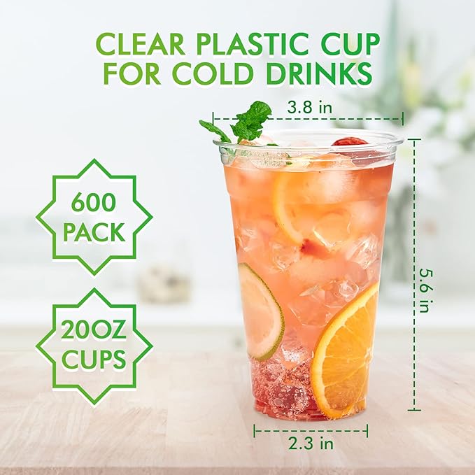 Lilymicky 600 Pack 20 oz Clear Plastic Cups, PET Disposable Drinking Cups, Crystal Clear, Perfect for Ice Coffee, Smoothie, Soda, or Any Cold Drinks