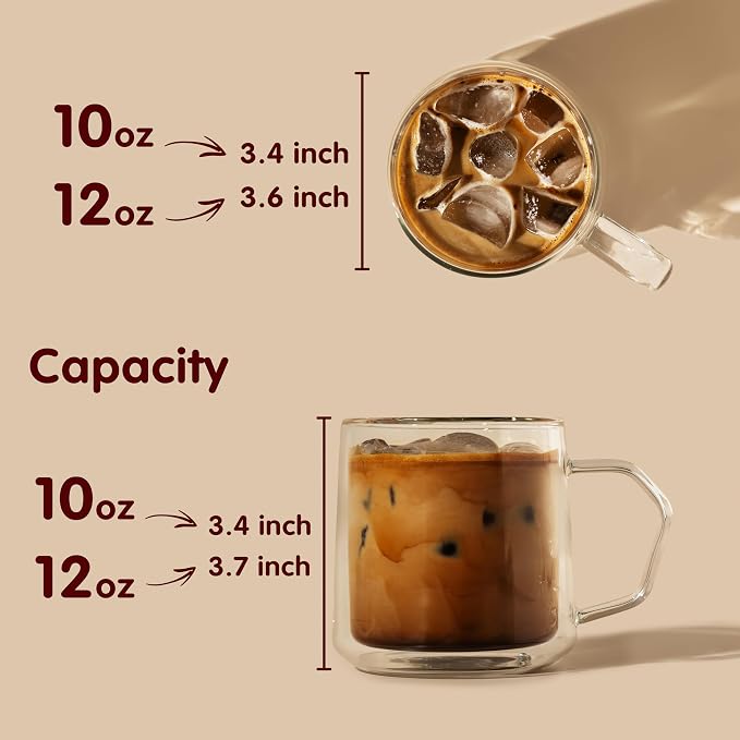 Double Wall Glass Coffee Mugs with Handle, 10oz Insulated Borosilicate Clear Cups for Latte Cappuccino Espresso Tea, Set of 4 - Image 3