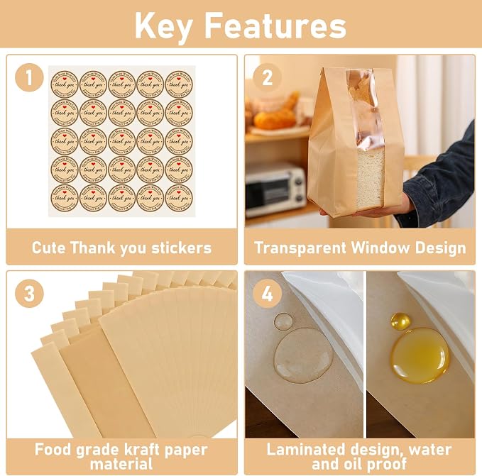 65 Pcs Paper Bread Bags for Homemade Bread with Window & 75 Stickers | 13.8 x 8.3 x 3.5 inch Sourdough Bread Bags for Bread, Cookies, Snacks & Scones, Large Bakery Paper Bags - Image 3