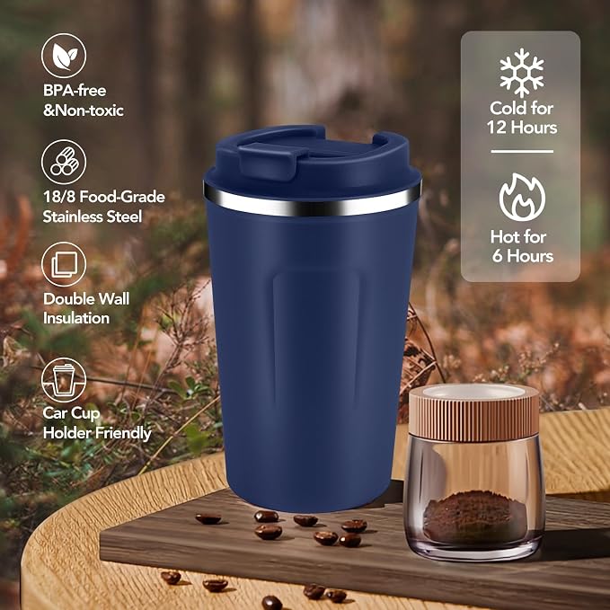 Volhoply 12 oz Double Wall Insulated Vacuum Travel Coffee Mug with Flip Lid Bulk 8 Pack,Reusable Stainless Steel Leak Proof Coffee Cup,Portable Cafe Thermal Tumblers for Hot & Cold Drinks(Navy,8 Set) - Image 5