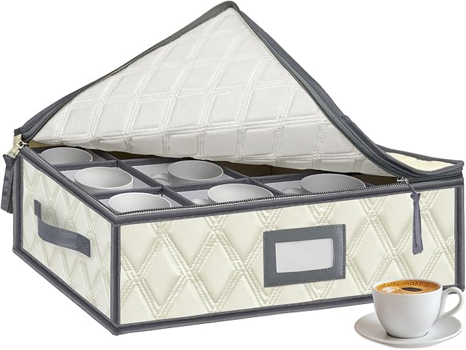 Mug and Cup Storage Box with Dividers - 1 Pack China Storage Bin Containers Holds 12 Glassware, Stackable Coffee Mug Organizer Bin and Tea Cup with 2 Metal Zipper,Label and Handles by VERONLY