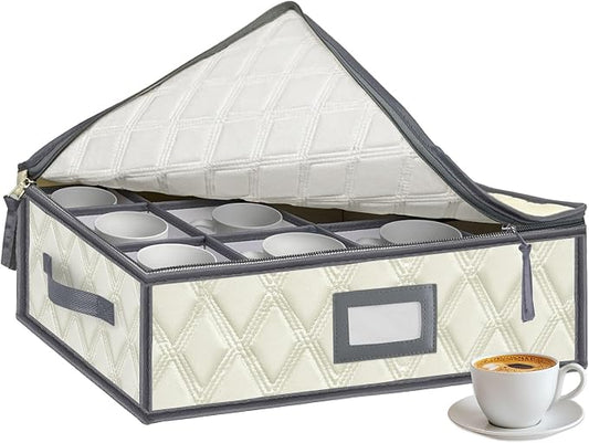 Mug and Cup Storage Box with Dividers - 1 Pack China Storage Bin Containers Holds 12 Glassware, Stackable Coffee Mug Organizer Bin and Tea Cup with 2 Metal Zipper,Label and Handles by VERONLY