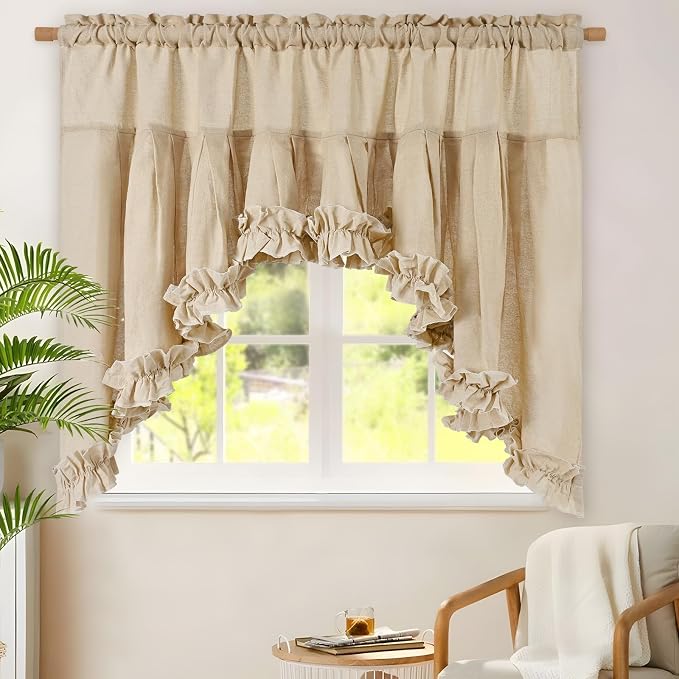 Likiyol Linen Valances for Windows Farmhouse Ruffle Swag Valance Rustic Country Window Valances Light Filtering Kitchen Curtains Rod Pocket Valance Curtains for Bathroom Cafe, Linen, 60" W x 36" L - Image 8