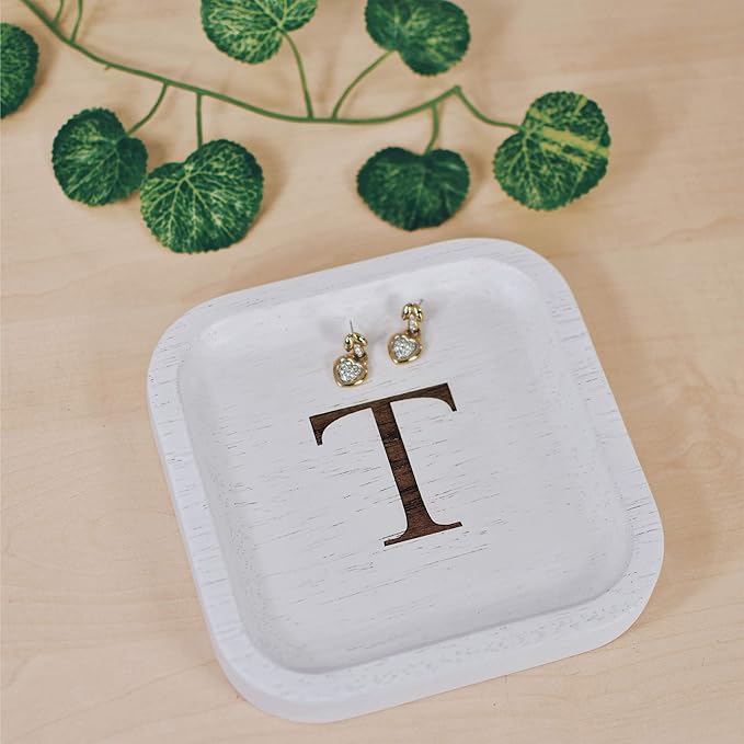 I'm Wooden Personalized Letter Catchall Valet Tray Trinket Dish Jewelry Tray Key Bowl Decorative Plate Organizing Ring Earrings Necklaces Bracelet Watch Coins Wallet Holder (6"x6" Sq White T)