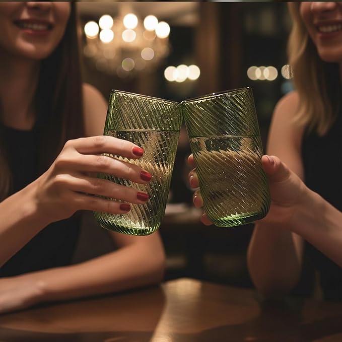 Set of 8 Ribbed Glassware,4 Highball Glasses 14oz & 4 Rocks Drinking Glasses 9oz, Origami Style, Fluted Design, for Milk, Water, Cocktail, Juice, Beer, ToothBrush Cup, Gif (Leaning Green) - Image 7