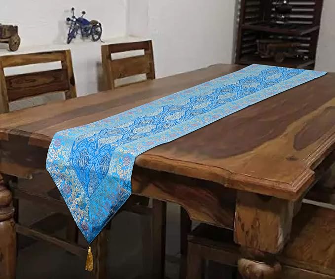 Indian Traditional Decorative Silk Table Runner Kitchen Dining Good Luck Table Cloth for Wedding Bridal Birthday Party Decorations 72x14 Inches Turquoise Color - Image 6