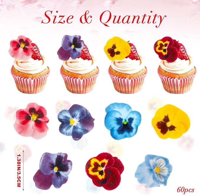 60pcs Edible Flowers Cake Decorations – Edible Flowers Cupcake Toppers | Edible Flowers Pansy Cake Toppers Decorations Wafer Paper, Flower Cupcake Toppers for Wedding Birthday Party - Image 3