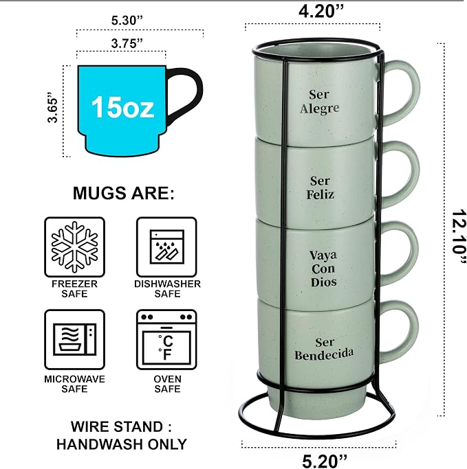 Signature Housewares Stackable Coffee Mug Tower Set with Metal Wire Rack - 15 Ounce Coffee Mugs for Coffee, Tea, Cocoa, Milk, Cappuccino, Hot Chocolate Set of 4 - Spanish Bendecida Blessed - Image 2