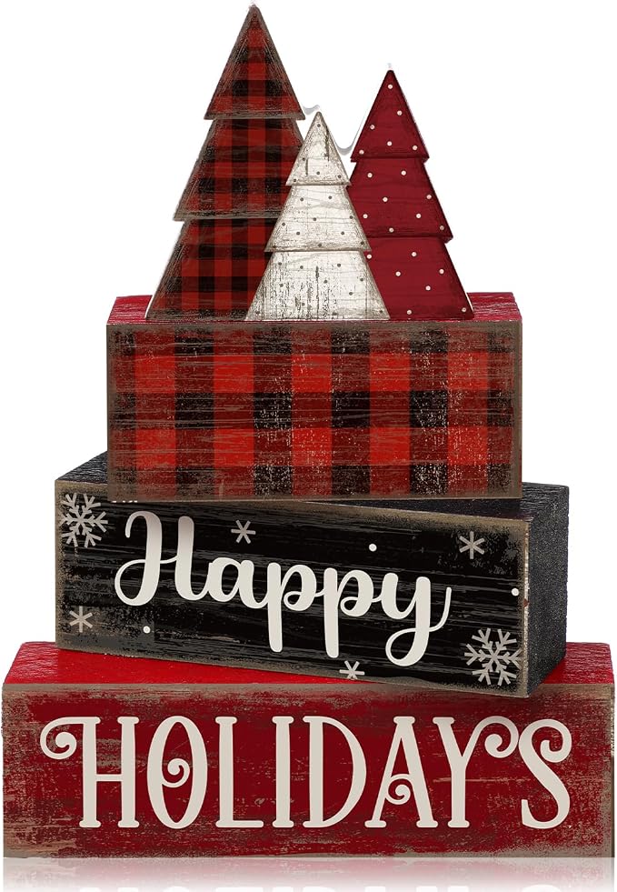 Moucuny 4 Pcs Christmas Table Decor Wooden Tree Decoration Christmas Centerpiece Winter Tiered Tray Decor Decorative Red and Black Buffalo Plaid Block Signs Gift Farmhouse Xmas Decoration for Kitchen by Moucuny