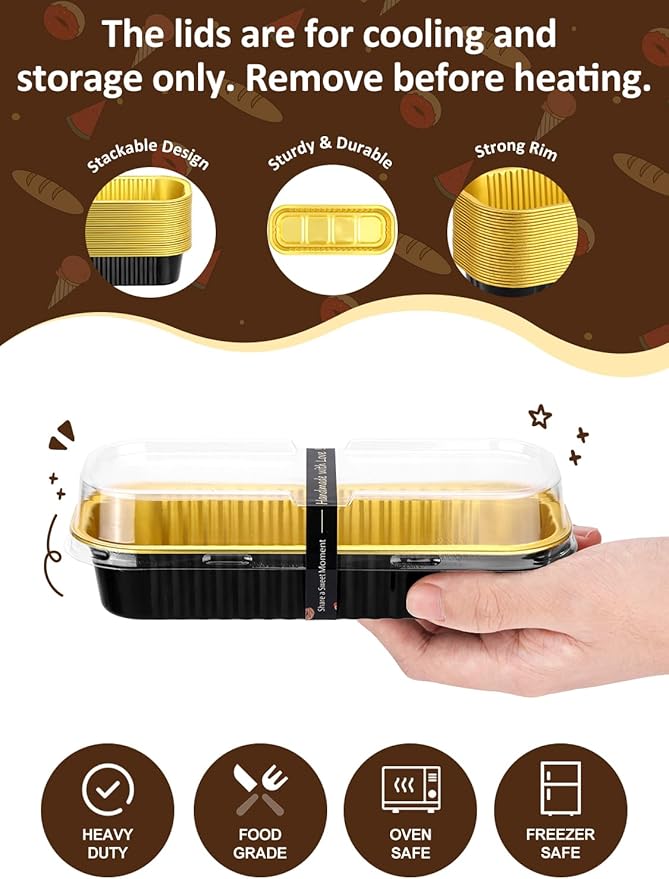 150 Pack 6.8 oz Disposable Mini Loaf Pans with Lids and Spoons - 6.5x2.5x1.2 Black Gold Aluminum Loaf Pans, Small Aluminum Tin Foil Baking Pan, Food Containers for Cakes, Bread, Loaves