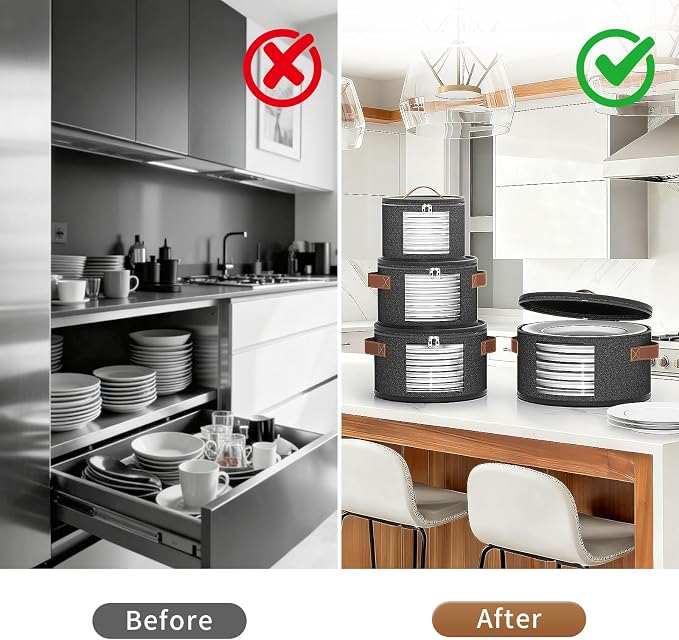 Foyego China Storage Containers, Dark Gray, 4 Piece Set | with Lid, Handles & Visible Window, Stackable Moving Boxes for Plates Storage, Sturdy Dish Packing Supplies for Protection - Image 4
