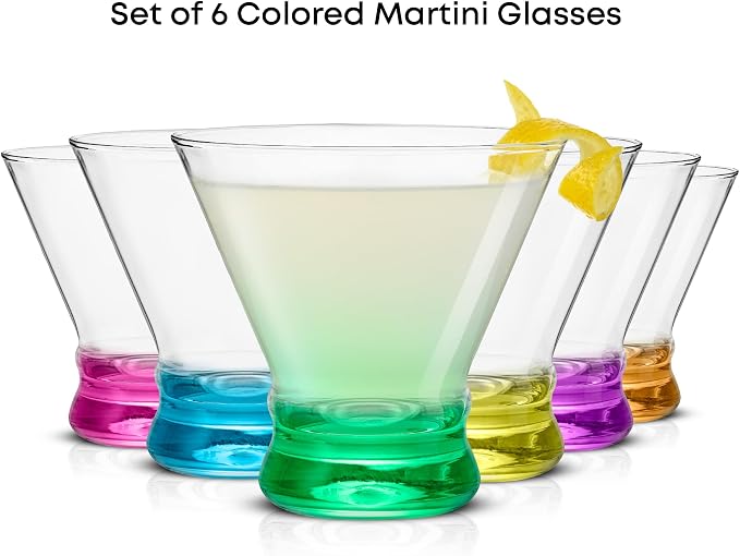 JoyJolt Hue 7.5oz Martini Glasses, Cocktail Glassware Set of 6, Colored Glass Base, Stemless Drinking Glasses for Margarita, Bar, Shrimp Cocktail, Juice - Image 4