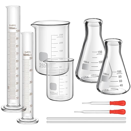 Frienda 10 Pcs 100/250ml Glass Beaker Set, 3.3 Borosilicate Low Form Griffin Lab Glassware Include Graduated Cylinder, Beaker, Dropper, Stirring Rod, Measuring Cups for Lab Chemistry by Frienda