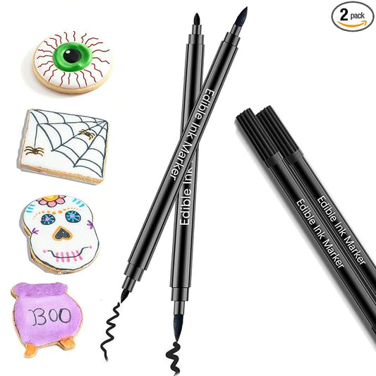 Black Edible Markers for Cookie Decorating - 2pcs Black Food Coloring Pen Double Sided Fine Tips Edible Pens, Halloween Food Grade Marker Pens for Baking Decorating, Fondant, Chocolate, Frosting