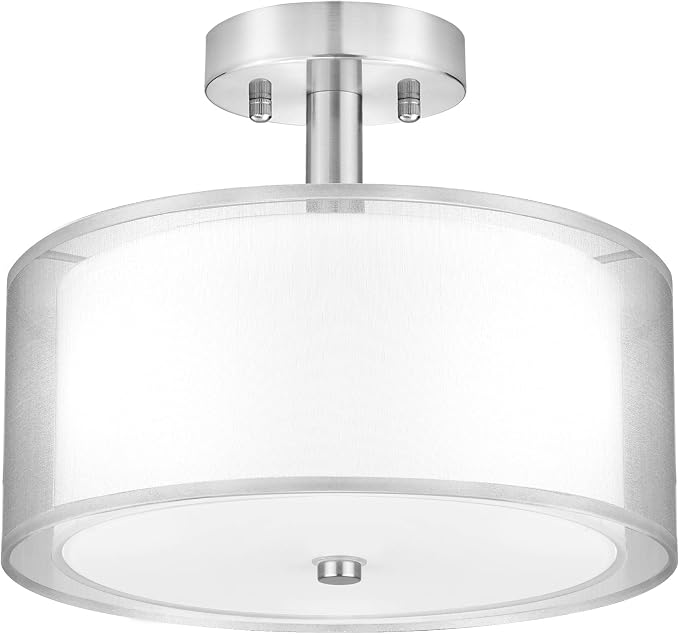 FOLKSMATE Silver Semi Flush Mount Ceiling Light Fixture, 3-Light Drum Light with Double Fabric Shade, Modern Close to Ceiling Lamp for Living Room, Bedroom, Dining Room, Kitchen, Hallway, Entry, Foyer by FOLKSMATE