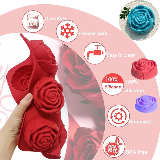 2Pcs Rose Silicone Molds for Baking, Mother's Day Silicone Flower Ice Cube Chocolate Molds for Cake Chocolate Cookie Candy Mousse Dessert Cookies Pudding Jelly Soap Candle making - Image 3