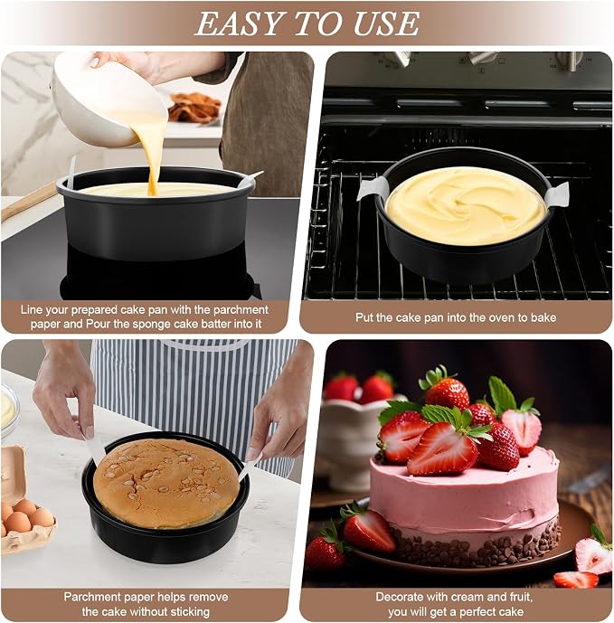 AIVIKI 8-Inch Round Cake Pan Set of 3, Nonstick Smash Cake Baking Pans Tins with 100 Pieces Parchment Paper, Carbon Steel Bakeware for Birthday Christmas, Oven & Dishwasher Safe - Image 5