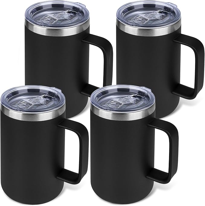 22oz Insulated Coffee Mug with Handle & Leak-Proof Lid - Double Wall Stainless Steel Travel Tumbler Bulk for Commute/Office/Home, Black, 4 Pack by Unknown