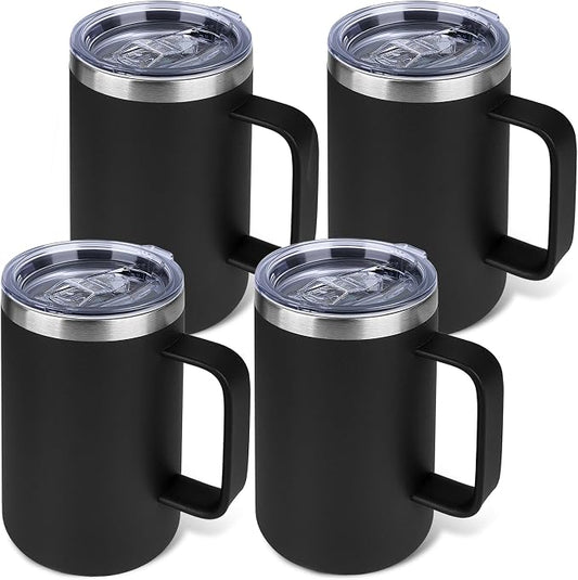 22oz Insulated Coffee Mug with Handle & Leak-Proof Lid - Double Wall Stainless Steel Travel Tumbler Bulk for Commute/Office/Home, Black, 4 Pack by Unknown