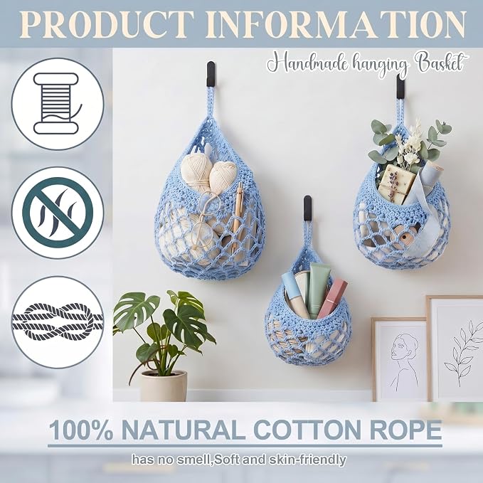 Honeydak Boho Decor Hanging Wall Baskets for Kitchen 3 Pack Teardrop Baskets with Hooks Storage Fruit Onion Vegetable Potato for Home(Light Blue,Crochet,Cotton Rope) - Image 3