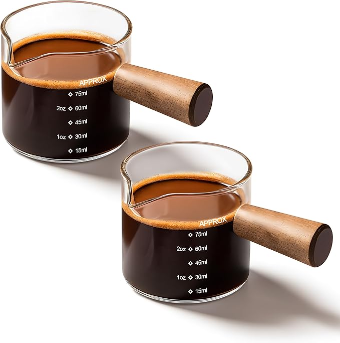 YARRAMATE 3oz Espresso Shots Cup with Wood Handle (2 Pack), Clear Glass Espresso Machine Accessories, Espresso Measuring Cup with Dual Scale, Espresso Shot Glass with Single Spout