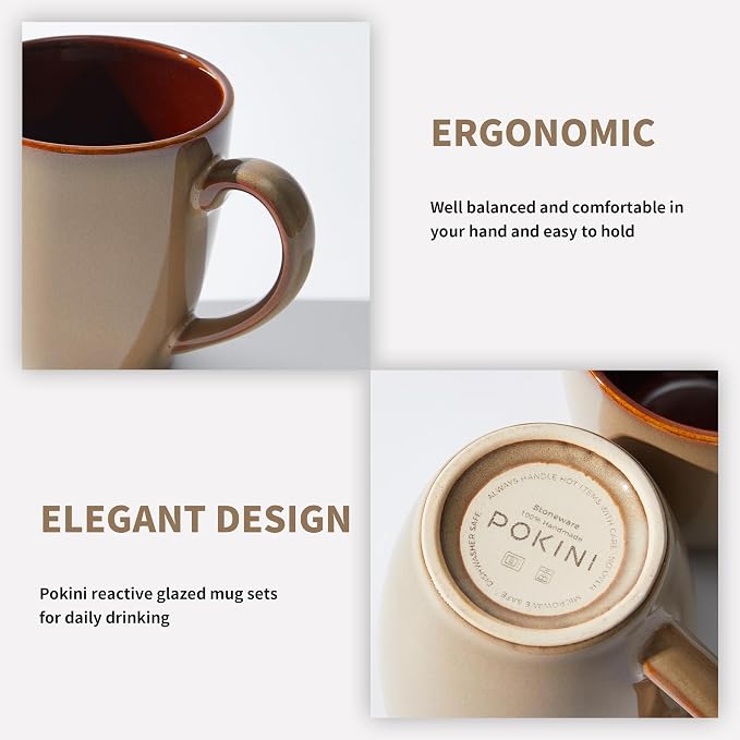 Pokini Coffee Mug 14 oz, Ceramic Coffee Mugs Set of 4, Reactive Glaze Mug for Latte/Tea/Cappuccino, Large Stackable Mug Set for Men, Women, Dad, Mom, Dishwasher & Microwave Safe, Brown Yellow - Image 4