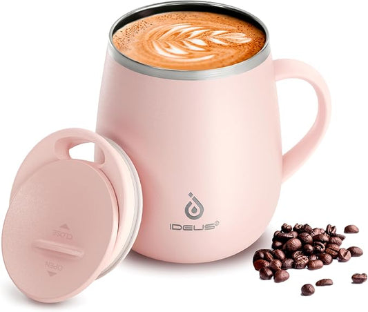 Ideus 16 oz Insulated Coffee Mug with Handle and Lid, Double Wall Stainless Steel Vacuum Thermal Coffee Mug, Travel Coffee Cup Thermal Cup for Home and Office, Sakura Pink by IDEUS
