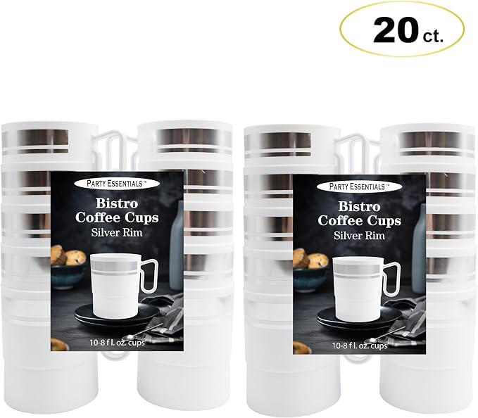 Party Essentials 8-Ounce Hard Plastic Coffee Cup/Tea Mug with Handle, 20-Count, White W/Silver Rim - Image 2