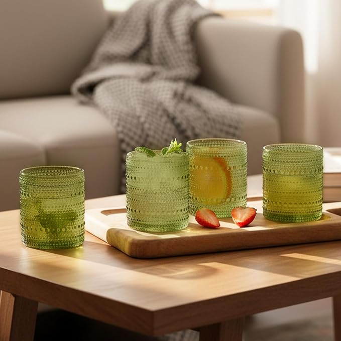 Moretoes 12 Pack 10 Oz Green Vintage Hobnail Drinking Glasses Set | Cocktail Glasses Vintage Glassware, Textured Glass Cups Bubble Glasses Water Glasses Old Fashion Jupiter Glasses Set - Image 5