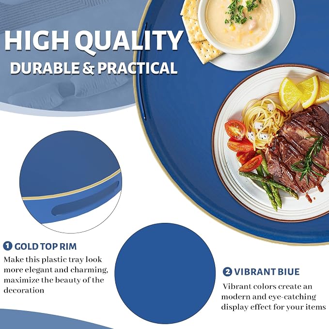 MAONAME 13" Blue Decorative Tray, Plastic Round Serving Tray with Handles | Decorative Tray for Coffee Table, Modern Ottoman Tray, Circle Tea Tray, Round Melamine Tray for Living Room, Bathroom - Image 3