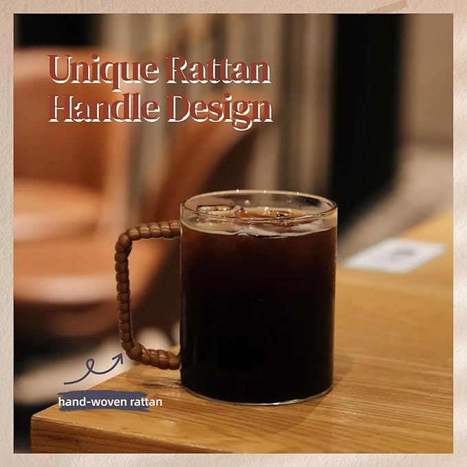 2-Piece Glass Coffee Mugs with Woven Handles, Withstand -20℃ to 150℃, 16oz Clear Large Glass Cups, Glass mug set for Latte, Cappuccino, Iced Coffee, Tea, Wine, Water, Beer