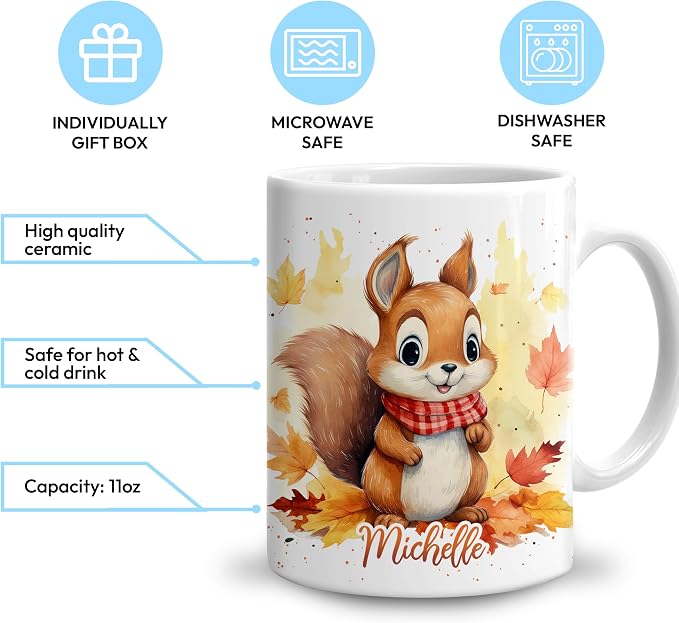 Hyturtle Personalized Fall Squirrel Coffee Mug, Fall Autumn Décor | Birthday Gifts For Squirrel Lovers - Unique Gifts For Farmhouse Thanksgiving - Custom Name 11oz White Ceramic Coffee Tea Mug - Image 3