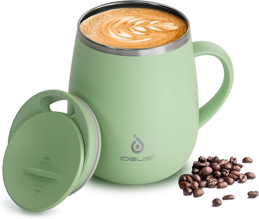 Ideus 16 oz Insulated Coffee Mug with Handle and Lid, Double Wall Stainless Steel Vacuum Thermal Coffee Mug, Travel Coffee Cup Thermal Cup for Home and Office, Avocado Green by IDEUS
