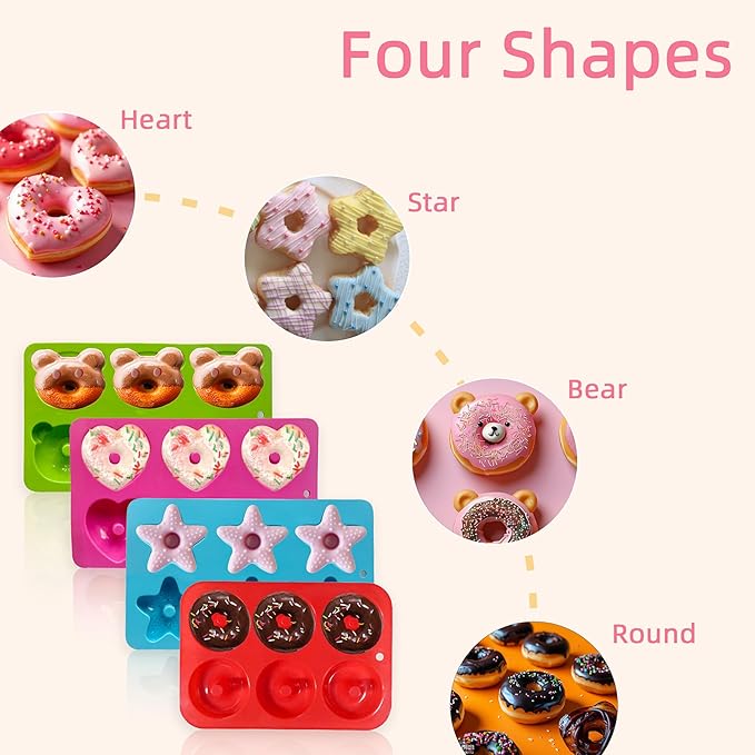 4 Pcs Silicone Donut Mold Set,6-Cavity Silicone Doughnut Pan,Non-Stick Doughnut Pan,BPA Free and Dishwasher Safe,Donut Mold for Summer Parties