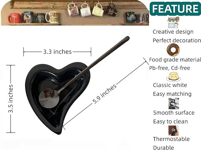 Coffee & Tea Spoon and Rest Set for Coffee Bar Accessories, Heart Cute Mini & Small Coffee Spoon Rest & Holder for Coffee Station & Bar, Teaspoon Rest & Holder (Black Rest with Black Spoon)