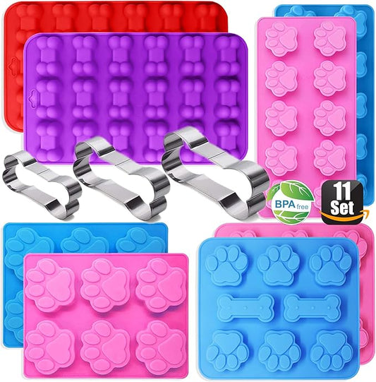 Dog Treat Molds Silicone,Dog Paw and Bone Silicone Molds,Non-Stick Food Grade Silicone Moldsfor Chocolate,Candy,Jelly,Dog Treats - Set of 11