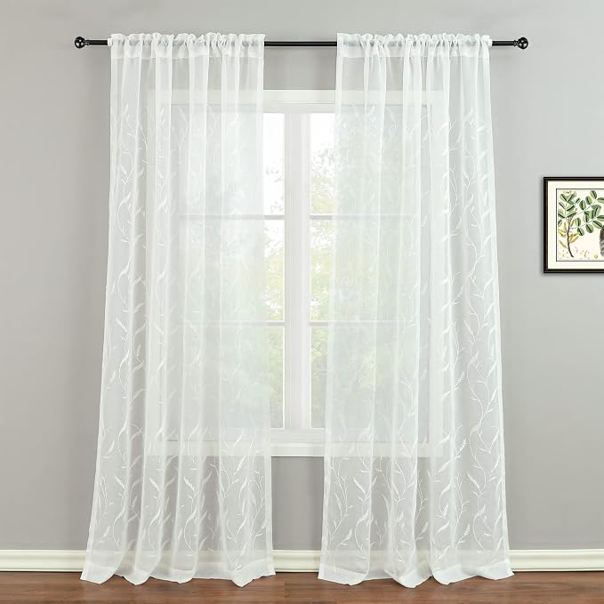 Semi-Sheer Elegant Embroidered Solid White Rod Pocket Window Sheer Curtains/Drape/Panels/Treatment 54 x 84,Two Panels - Image 7